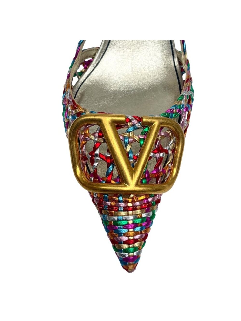 VALENTINO Garavani Multicolor Woven Leather Vlogo Pointed Toe Slingback Sandals - Picture 7 of 12